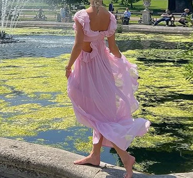 Robe en mousseline de soie à volants pour femmes, coupe à la taille, col carré, coupe douce, simple, solide, document, frais, mode féminine, sexy