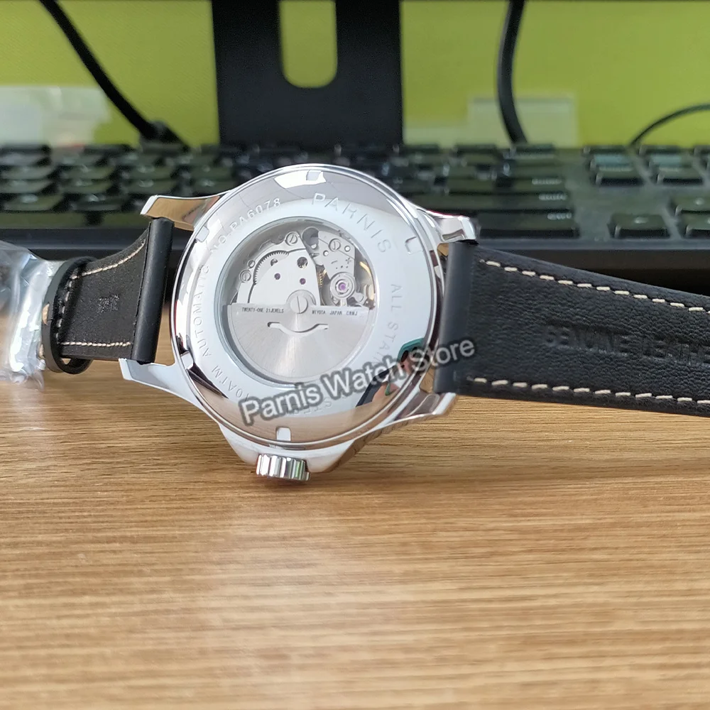Мужские водонепроницаемые часы Parnis, 44 мм, с сапфировым кристаллом Miyota, автоматический механизм, 10 АТМ, черный циферблат, светящийся маркер