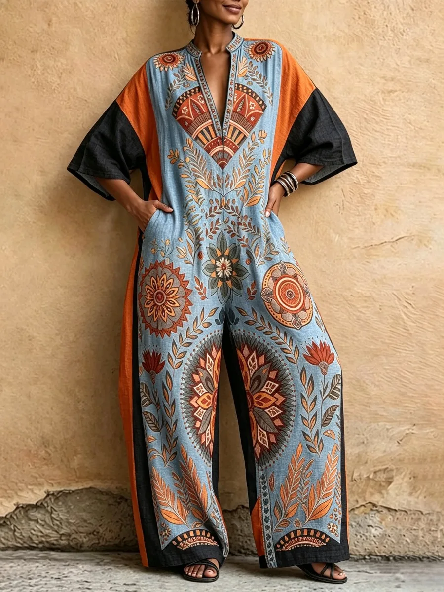 Freeacy Women Bohemian Floral Print Jumpsuit Deep V‑Neck Three Quarter Sleeve Oversized Wide Leg Jumpsuit Vacation Casual Romper