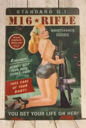 Sexy Pinup Girl Soldier Tin Sign Metal Poster M16 Rifle Vintage Look XZ-Aluminum