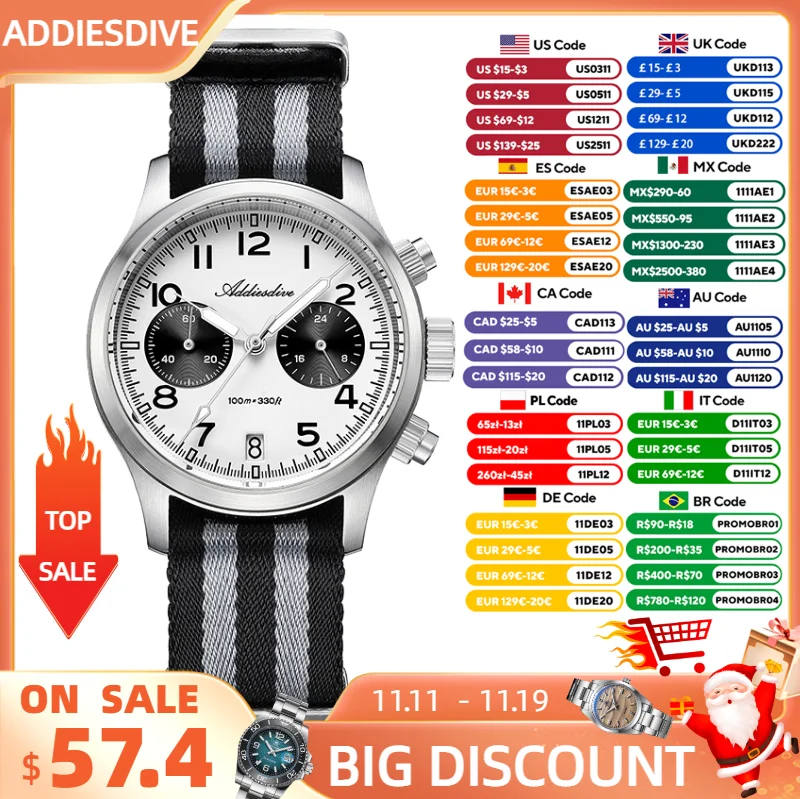 

ADDIESDIVE Men Watch 2025 New Luxury Sapphire Chronograph VK64 Quartz Wristwatch 38mm AR Coated BGW9 Luminous 100m Waterproof