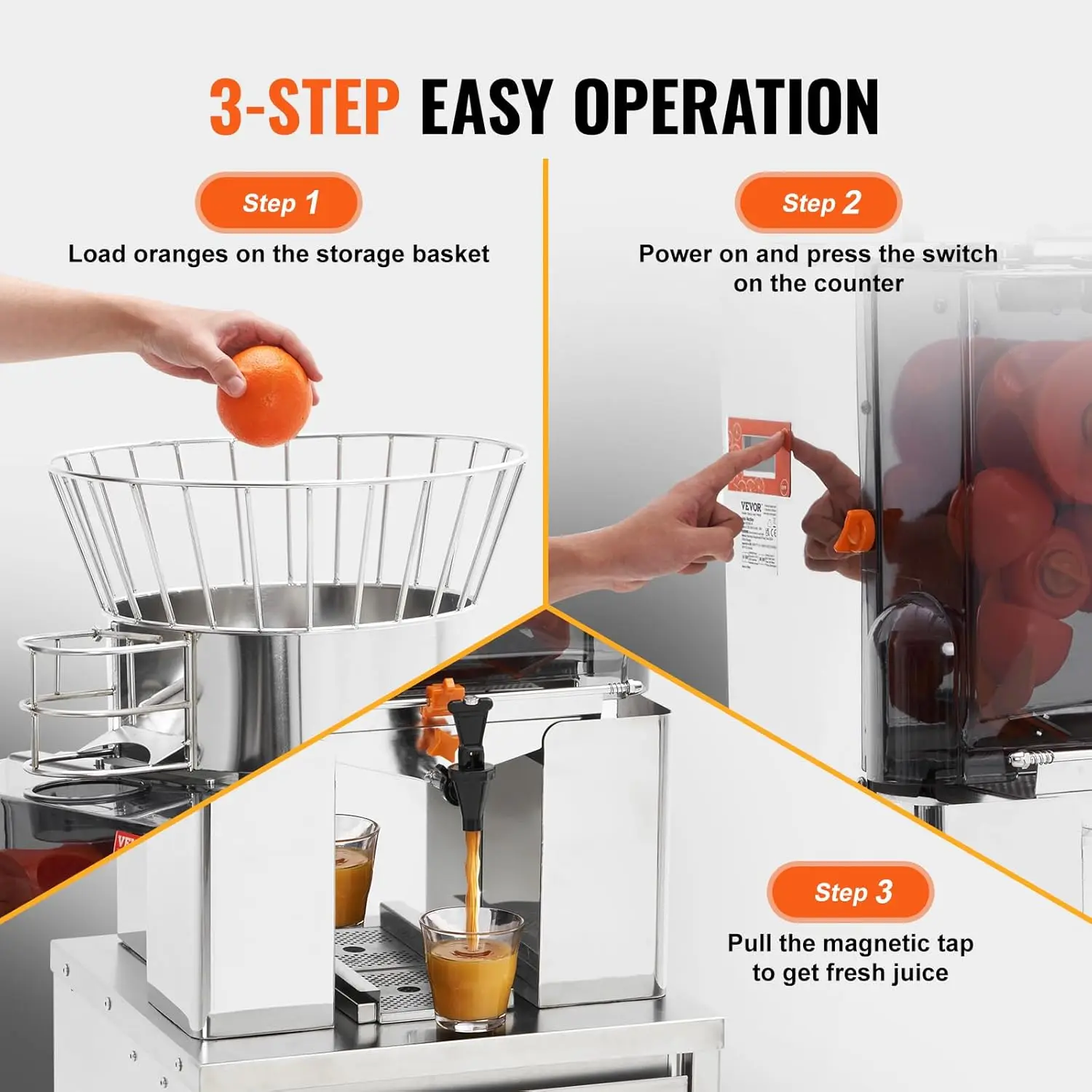 Commercial Orange Juicer, 120W Automatic Feeding Juice Extractor with Water Tap, Stainless Steel Juicer Machine 25 Oranges/Minut
