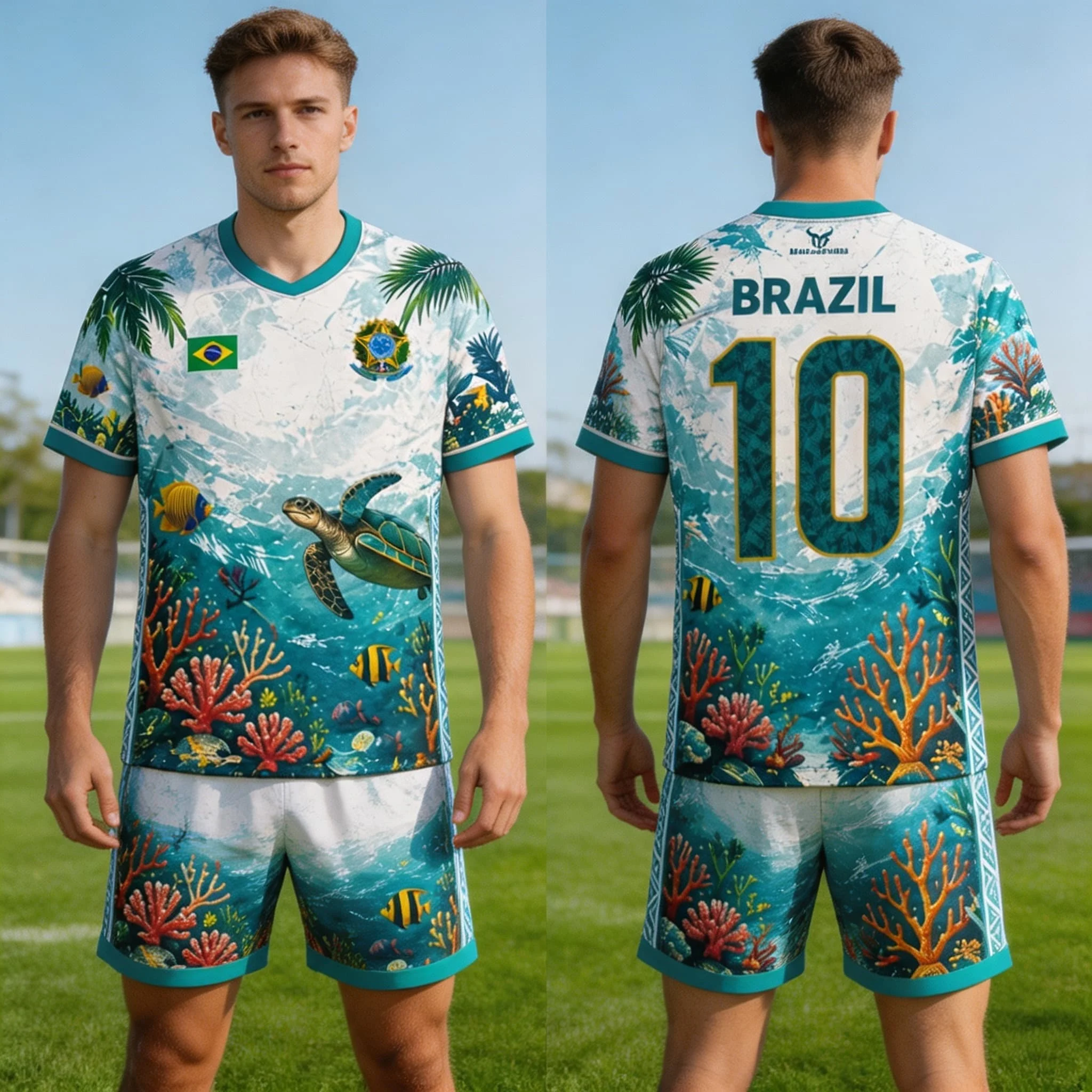 Brazil Style Flag Printed Jesus Graphic Football Women's Suit Tshirt Shorts Unisex Short Sleeve Quick Drying Men's T Shirt Set view 4