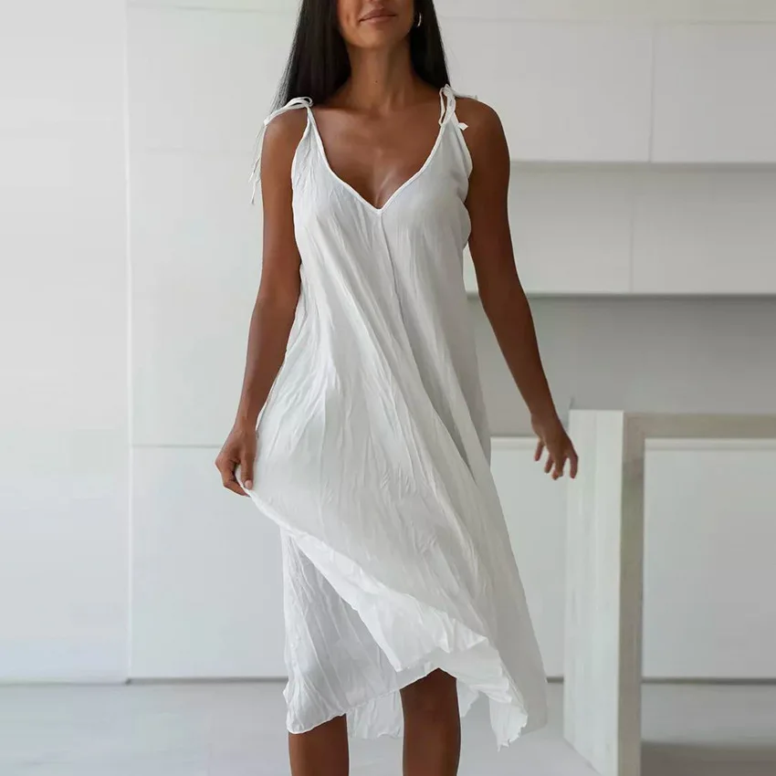 Modisches weißes, lockeres Kleid mit Schnürung für Damen, plissiert, ärmellos, V-Ausschnitt, Nachthemden, Spaghettiträger, mittellang, elegantes Schlafkleid