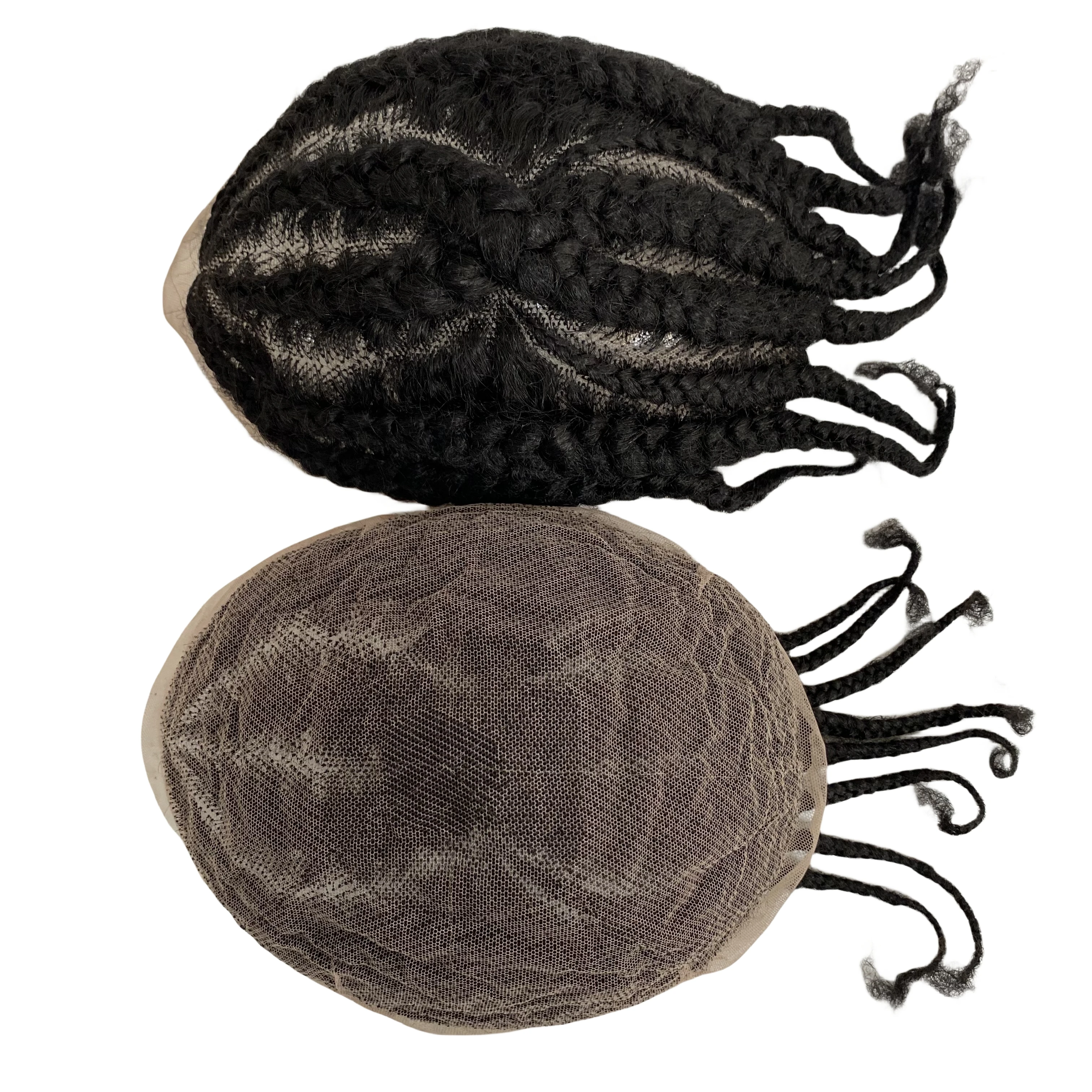 Postizo de cabello humano virgen chino N ° 8, raíz Afro, trenzas de maíz N ° 1, tupé de encaje completo negro azabache para Blackman