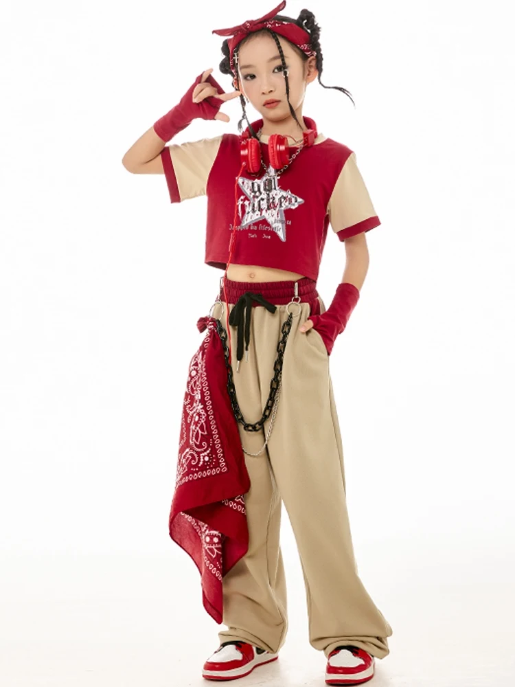 2024 Hip Hop Dance Costumes For Kids Red Crop Tops Loose Pants Suit Girls Jazz Modern Dance Performance Street Dancewear DN17787