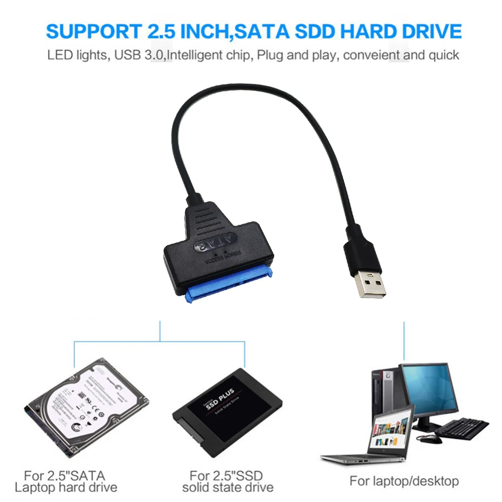 Cable USB 3,0 2,0 SATA 3, adaptador de hasta 6 Gbps, compatible con disco duro externo HDD SSD de 3,0 pulgadas, 22 Pines, Sata III