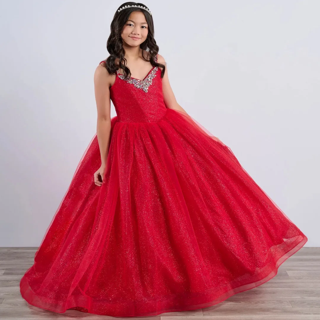 

Customized Red Flower Girl Dress Tulle Diamond Appliques Sleeveless For Wedding Birthday Party Banquet Pageant Princess Gown