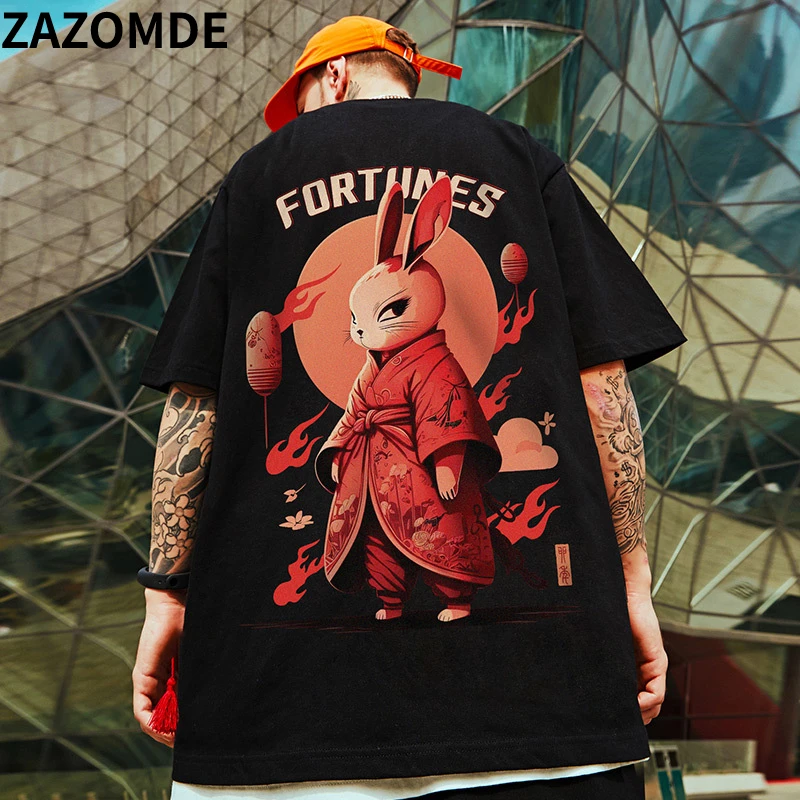 ZAZOMDE 2023ฤดูร้อน100% ผ้าฝ้ายซามูไรกระต่ายพิมพ์เสื้อยืดชายกีฬาลำลองขนาดใหญ่เสื้อยืด Hip Hop Men Daily Tshirt Tees