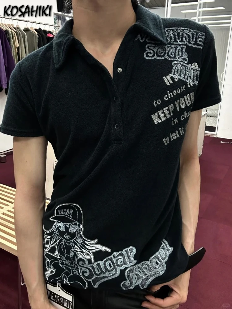 

Y2k Aesthetic Letter Printing Vintage Casual Tops Streetwear Men and Women Tshirts Women Grunge Turn Down Collar Harajuku Tees