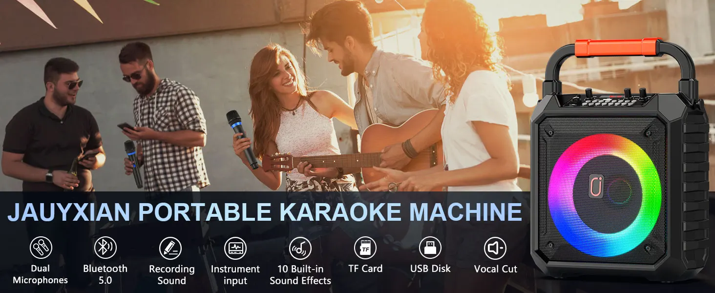 T17 Karaoke-Maschine mit 2 kabellosen Mikrofonen, tragbarer Bluetooth-Lautsprecher mit RGB-Licht, Karaoke-System für Karaoke, Hausparty – Detail 10