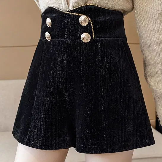 Korean version of bright silk corduroy wide-leg pants women's double-breasted irregular casual short pants slim boots pants