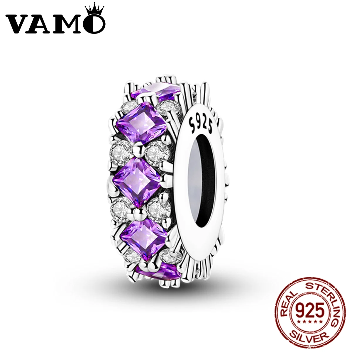 VAMO 925 Sterling Silver Charms Bead Princess Purple Zirconium Rubber Plug Clamp Pendant Fit Original Bracelet DIY Marking Gift