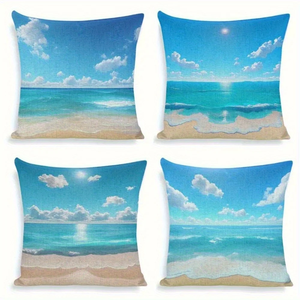 Coastal Beach Theme Throw Pillow Cover Set of 4 Ocean Sky Wallpaper Tropical Print Decorative Cushion Pillow for Home