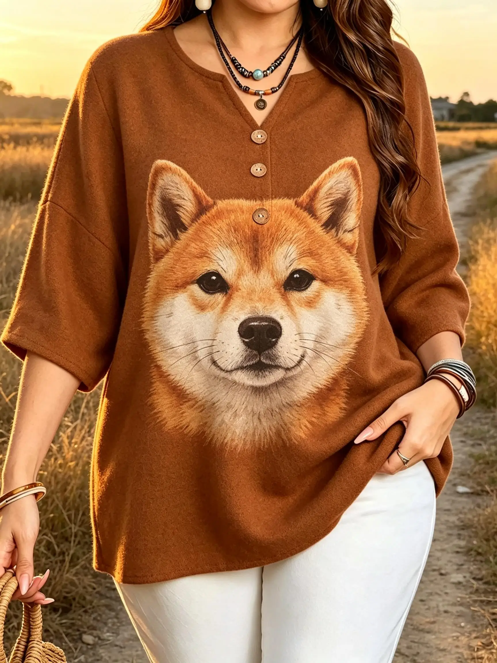Cute Pet Portrait Print Blouses Cat Dog Graphic Notch Split V Neck 3 Wood Buttons 3/4 Sleeve Loose Plus Size Women Casual Tops