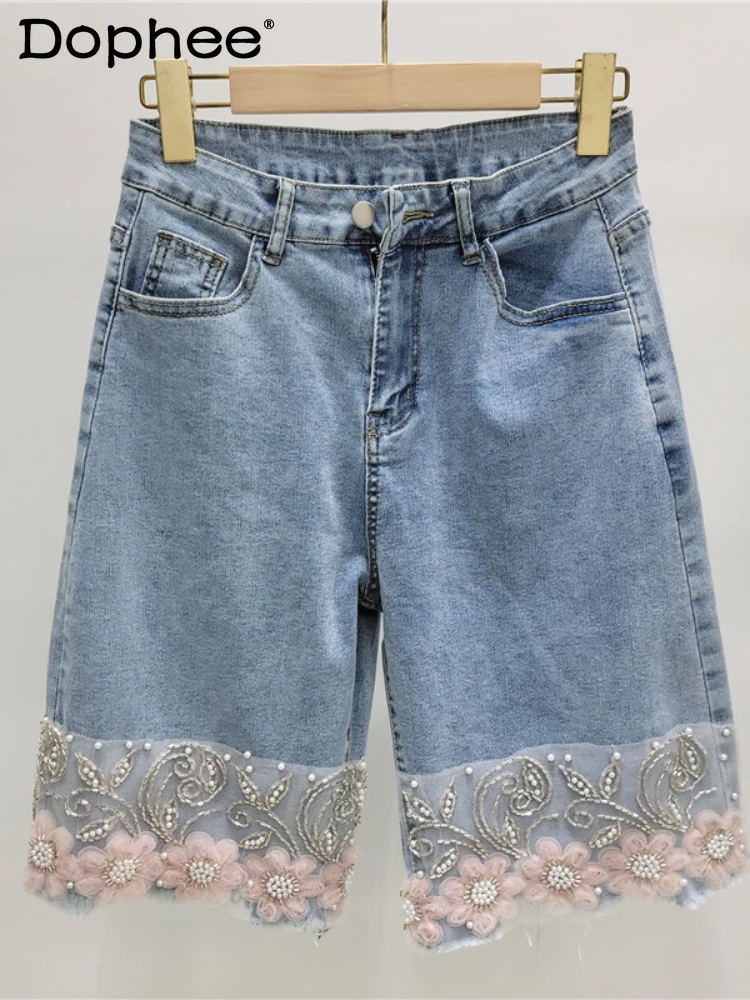 

Women Shorts 2024 Summer New Heavy Industry Beads Embroidered Hem Slimming Patchwork High Waist Straight Shorts Women Clothing