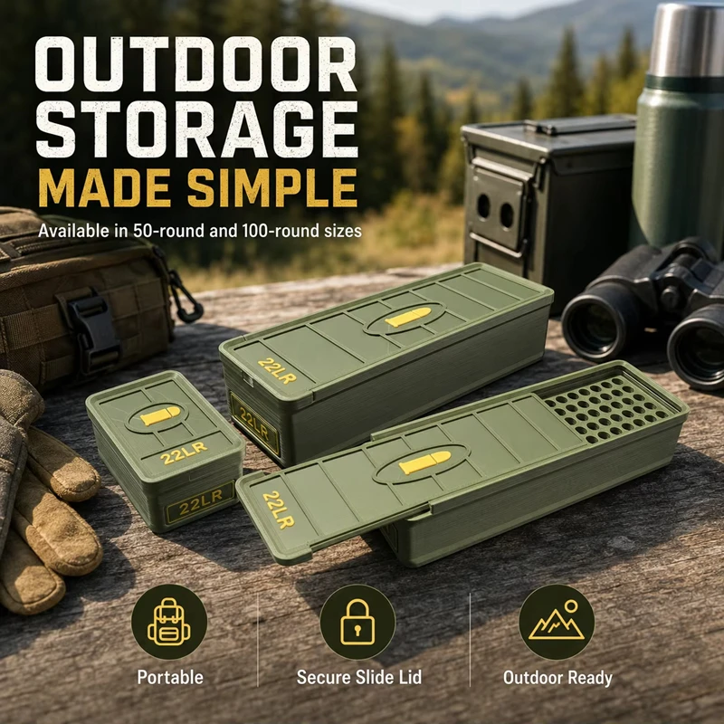 22 LR Ammo Drawer Box, Holds 50/100 Rounds; Made of Durable Plastic, Portable and Spill-proof