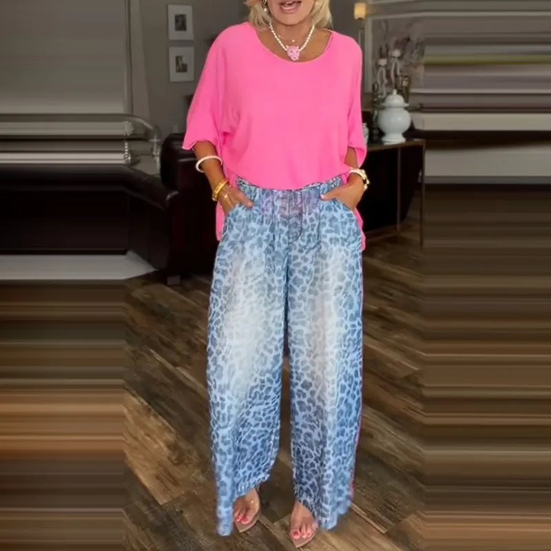 

Fashionable Loose Two-piece Set 2026 Summer Solid-color Knitted Round-Neck Top + Leopard-Print Wide-leg Trousers Oversize Suit
