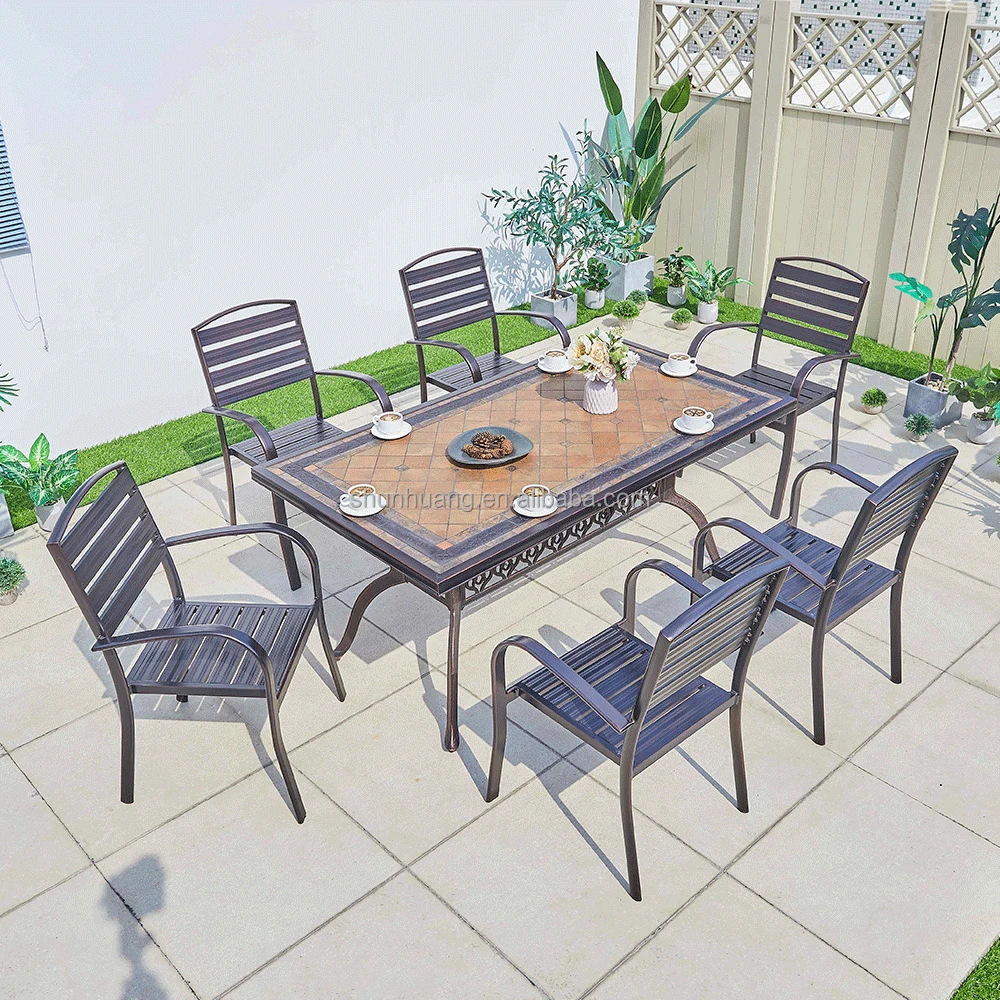 Penjualan terlaris bistro cast aluminium makan set outdoor cast meja aluminium dengan 6 kursi