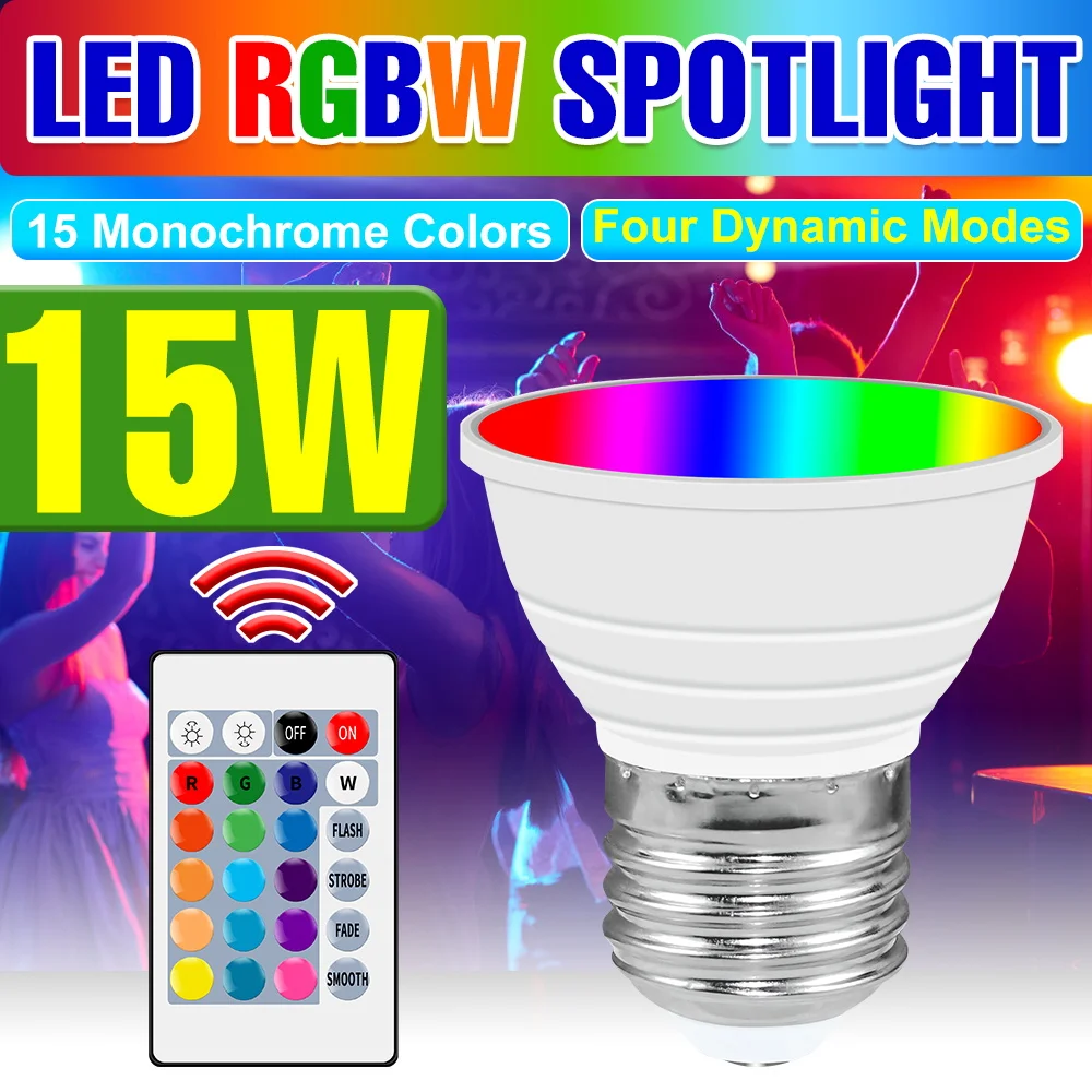 15W RGB Bulb LED Spotlights E27 Multicolor Bulbs E14 Mood Light GU10 Ceiling Lamp MR16 Indoor Atmosphere GU5.3 Nightlight AC110V