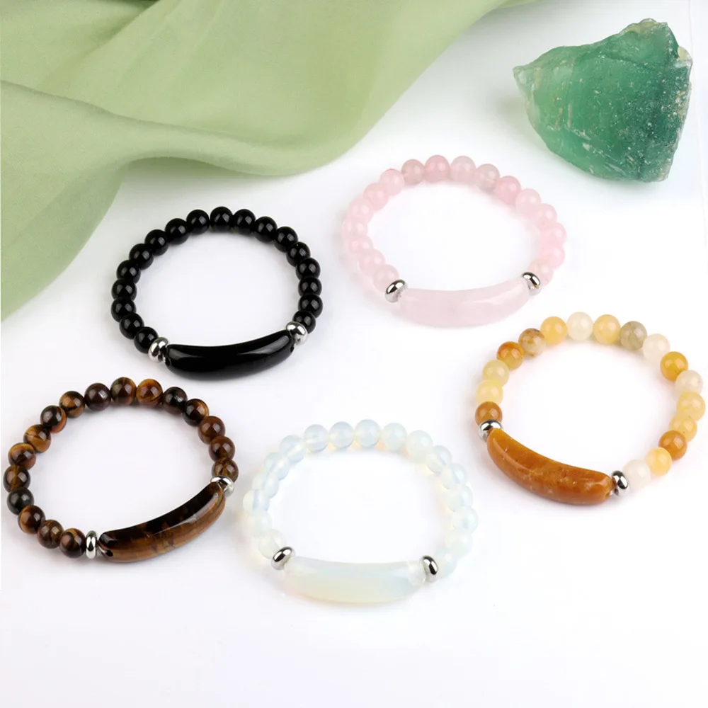 New Rectangle Natural Stone Beaded Bracelet Opal Rose Crystal Black Agate Tiger Eye Beads Elastic Bangle Gift For Men Women