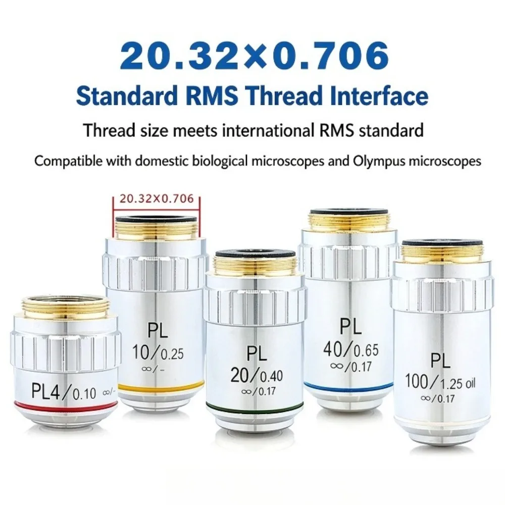 Professional Biomicroscope Flat Field Achromatic Objective PL4X10X20X40X60X100X Infinity Optics