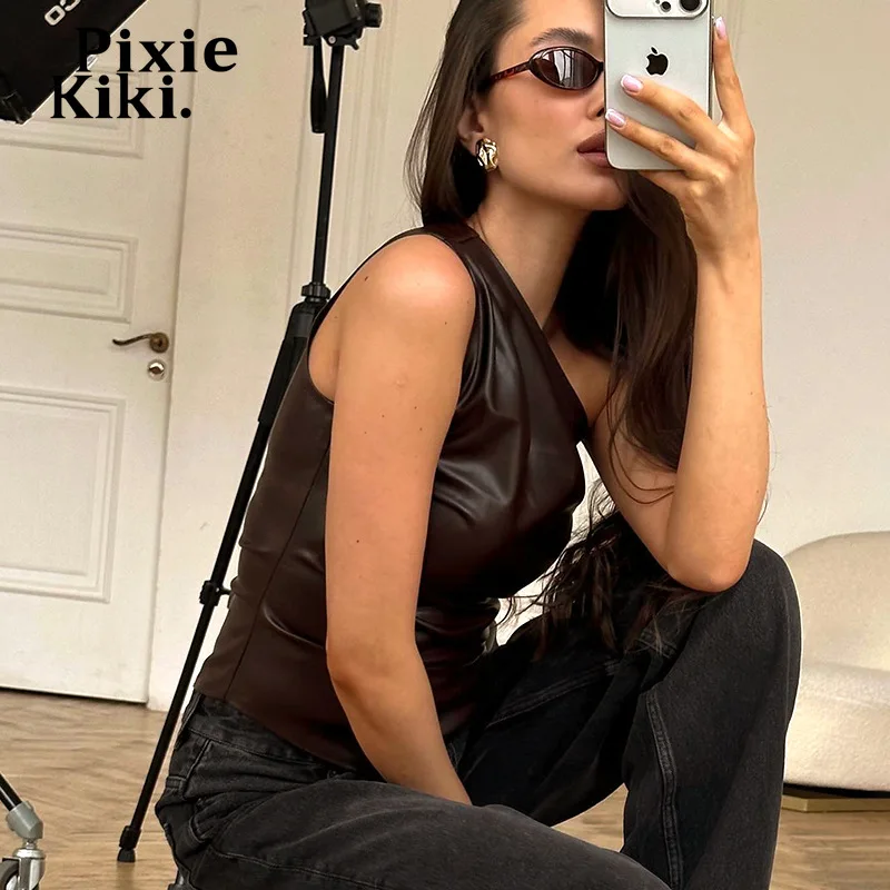 PixieKiki Fashion PU Leather Sleeveless T Shirts Side Zipper One Shoulder Asymmetrical Tops Women Clothing Fall 2024 C85-BH12