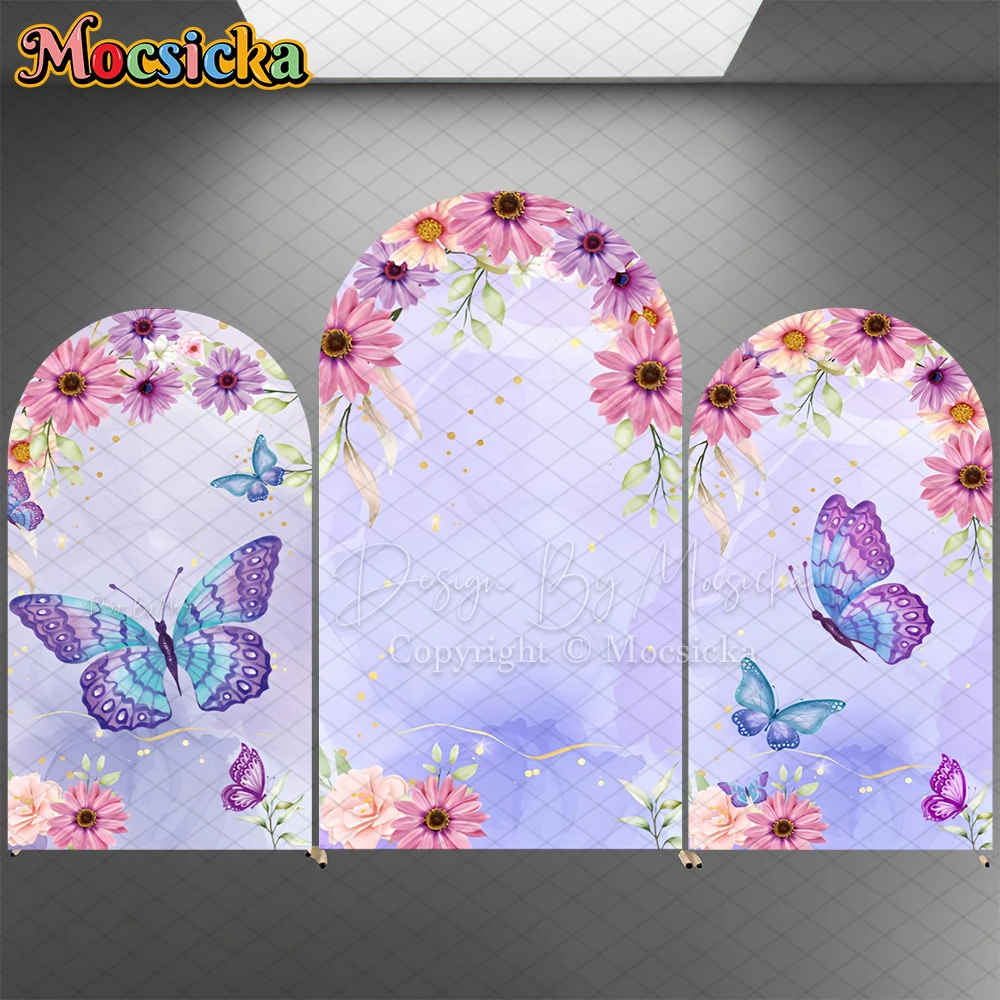 Mocsicka Purple Butterfly Arch Background Cover Flower Pattern Baby Kid Birthday Party Photo Arched Backdrop Wedding Decor Props