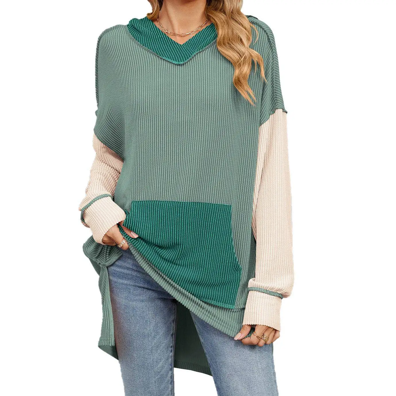 

Loose Fit Long Sleeve Hoodie Women's Casual Sportswear Autumn Winter New Style Color Block Pocket Design Fashionable Ladies' ...