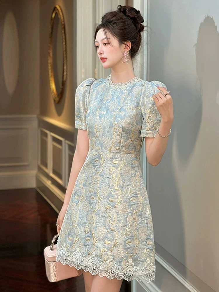 Frauen Kleidung Retro Blau Jacquard Puff Sleeve Spitze Schlank A-Line Mini Kurzes Kleid Elegante Dame Mode Party Vestidos Casual Neue