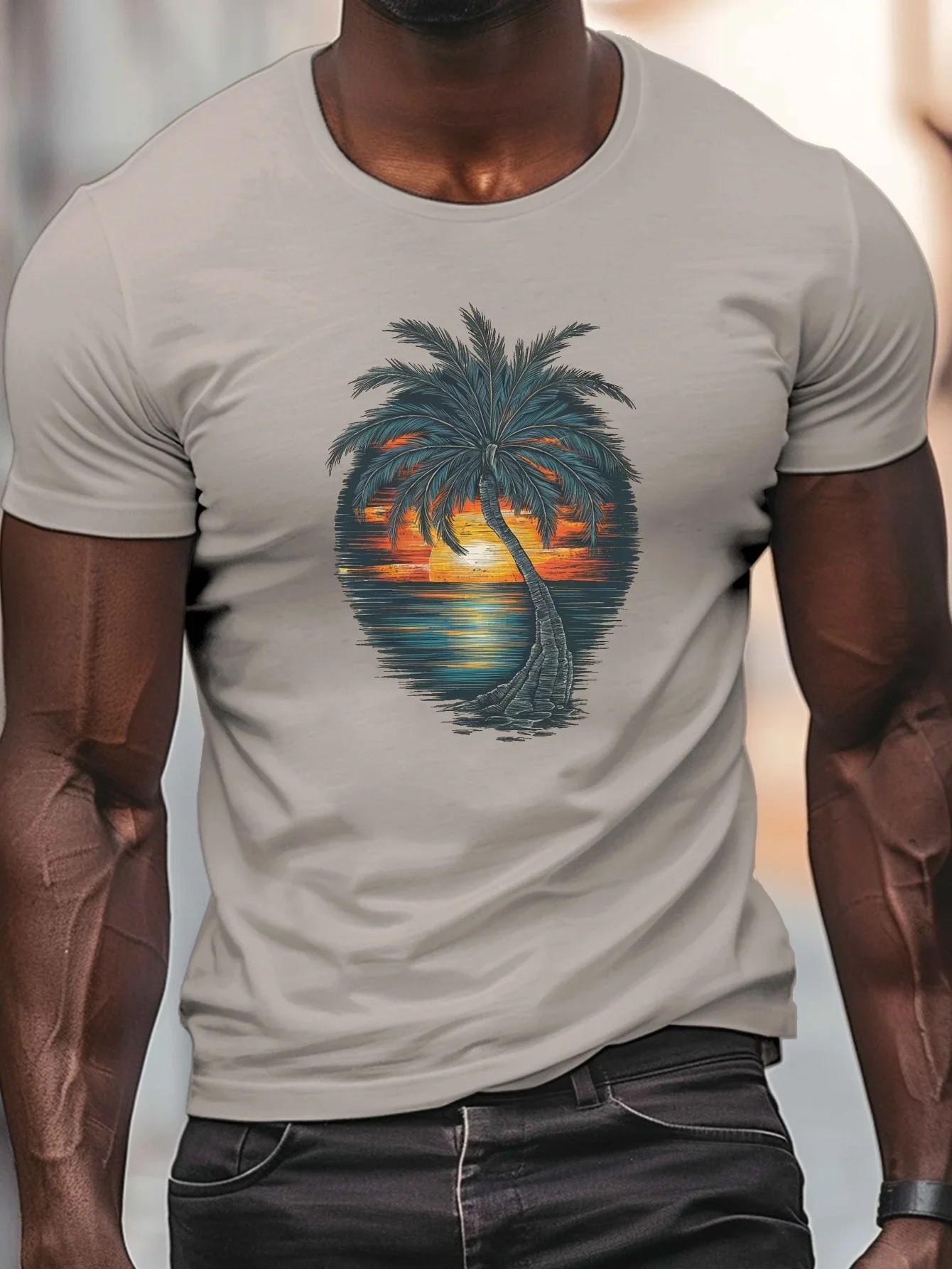 Hot Sale Single Palm Tree Sunset Graphic T-Shirt Tropical Sea Sunset Print Crew Neck Short Sleeve Tee Beach Lover Casual Top