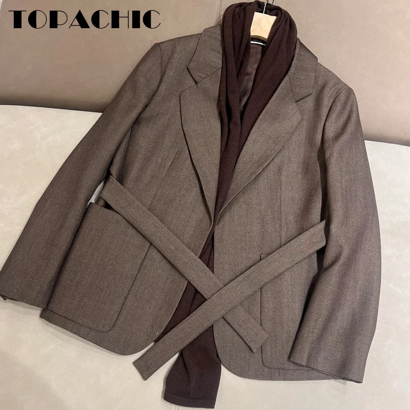 8.23 TOPACHIC-Women High Quality Wool Knit Scarf Decoration Blazer Lapel With Sashes Big Pocket Loose Jacket