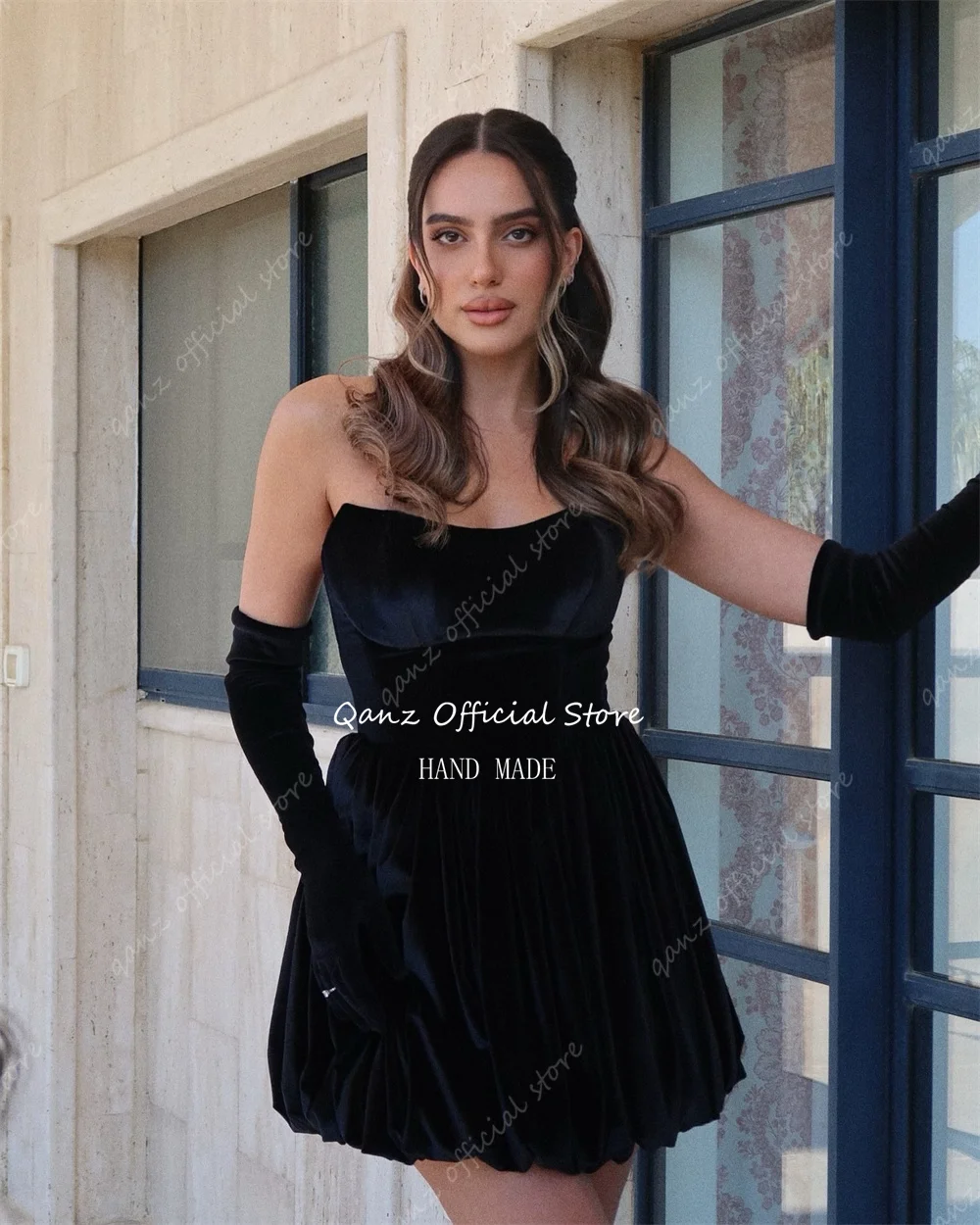 Qanz Black Velvet Prom Dresses Short A Line Lace Up Back with Gloves Vestidos De Graduación Bespoke Occasion Dresses Customized