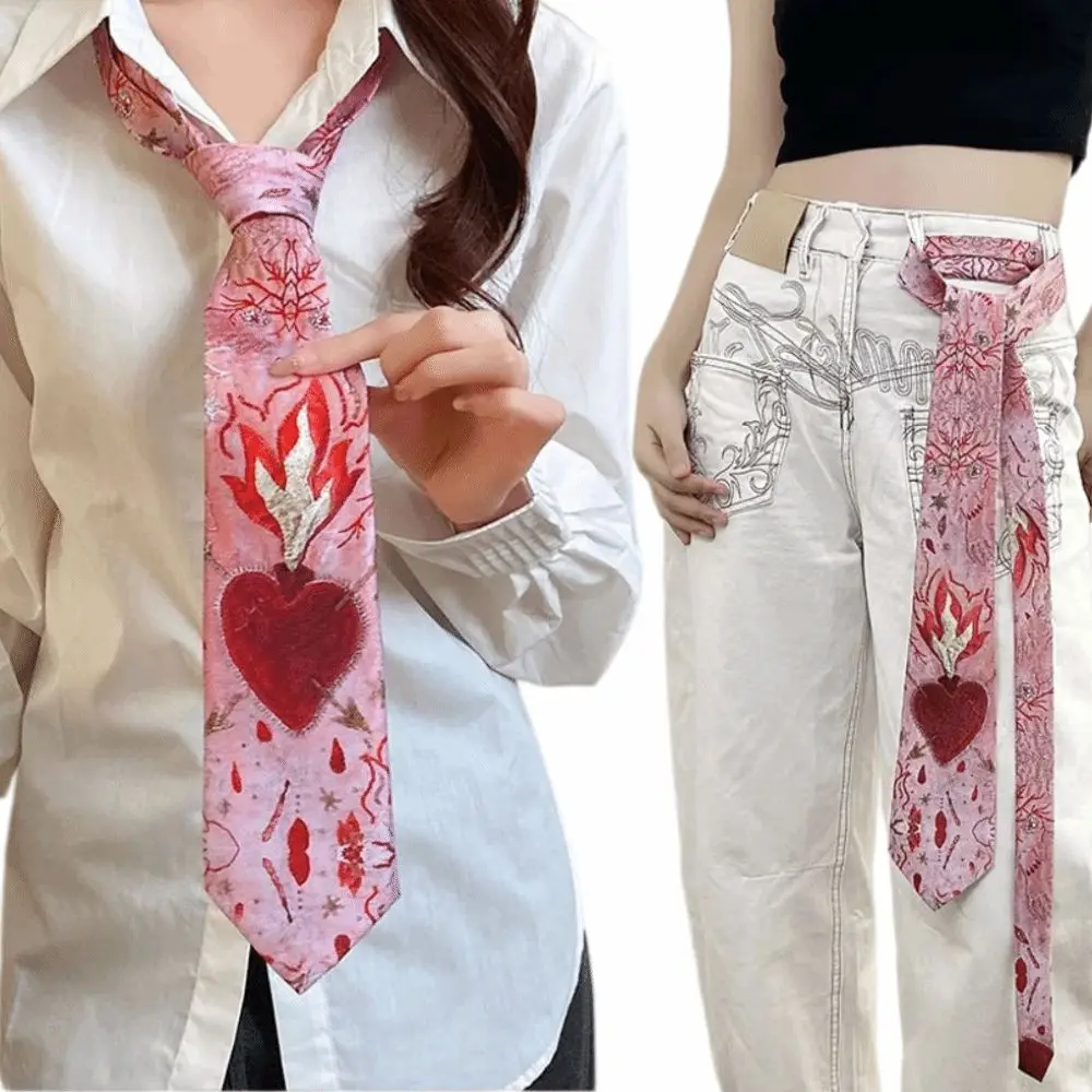 Vintage Heart Flame Tie Y2K Gradient Pink Romantic Neck Scarf Lightweight Embroidery Pattern Women's Neck Tie Fashion Accessory