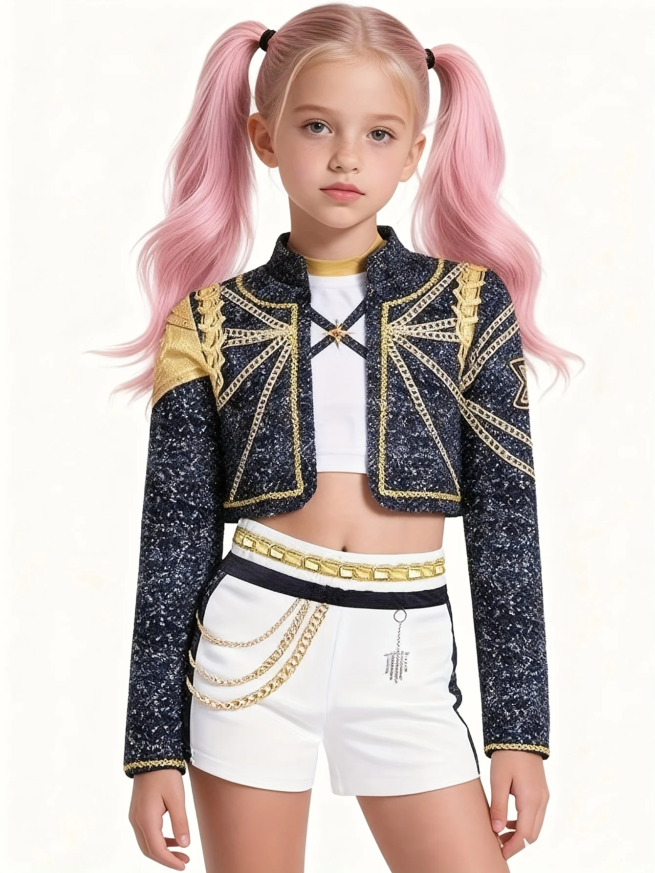 Cooles Bühnenoutfit im Sing- und Tanzstil für Mädchen, bedrucktes Kinder-Set, lässiges, modisches kurzes Oberteil und Tanktop mit Shorts für Mädchen im Alter von 3–10 Jahren, geeignet für Zuhause, Ausflüge und Schule.