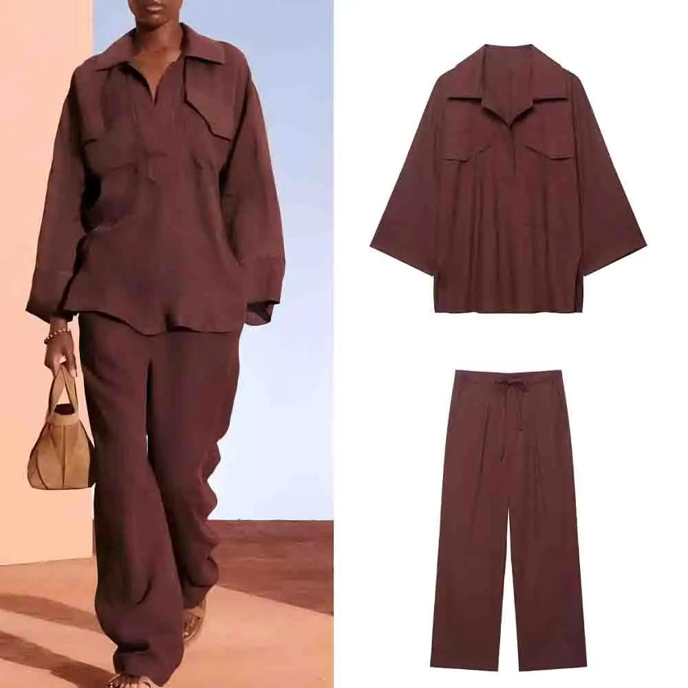 

Women's 2025 new fashion flip decoration loose ramie shirt retro long sleeved women's shirt chic top+Pants suit