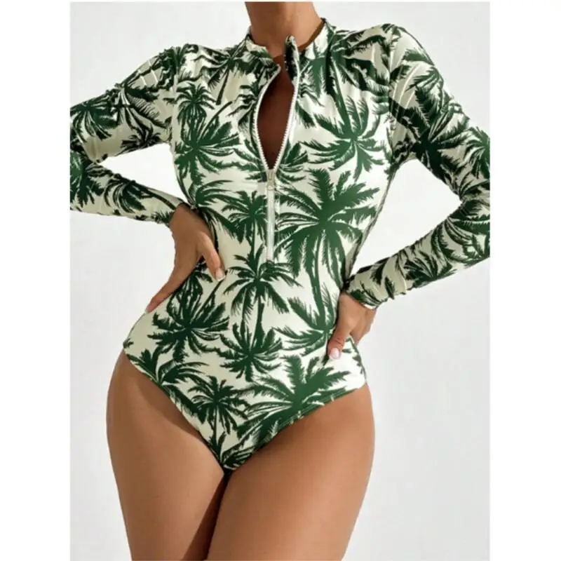 2025 ผู้หญิงฤดูร้อน One Piece ชุดว่ายน้ําแขนยาวด้านหน้า Zip Up Palm Leaf พิมพ์สีดําสีเขียวเซ็กซี่ Bather Bodysuit Surfing Beachwear