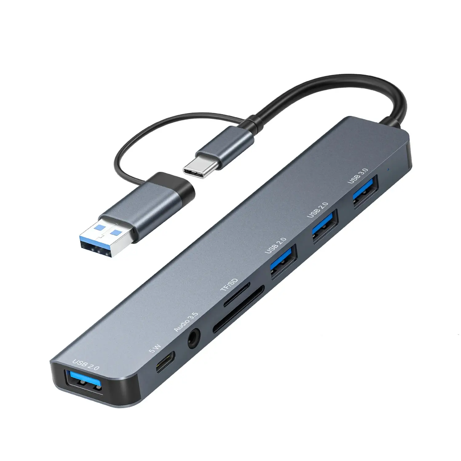 USB C Hub USB 3.0, with 1 X USB 3.0, 3 X USB 2.0 and 1 X USB C, SD/TF Card Reader, 3.5mm Aux Ports Aluminum 8 in 1 USB Splitte image 2