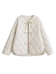 HH Women Bow Lace Up Coat O Neck Long Sleeve Quilted Cropped Jacket 2024 Autumn New Fashion Female Solid Casual Outerwear