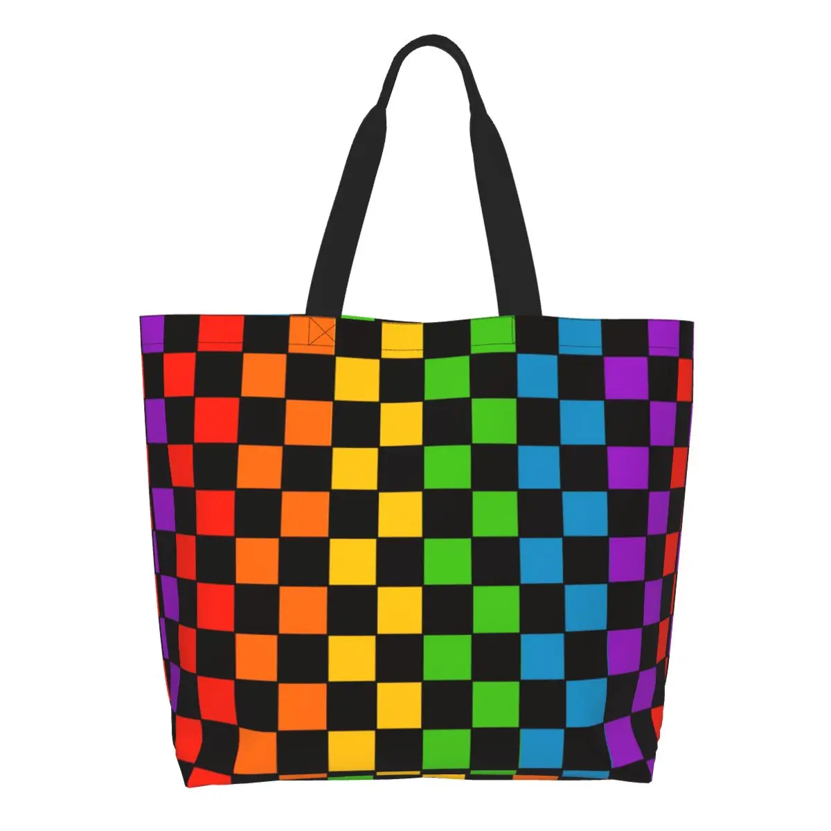 Cute Print Rainbow Checkerboard Checked Pattern Shopping Tote Bag Reusable Canvas Shopper Shoulder Handbag