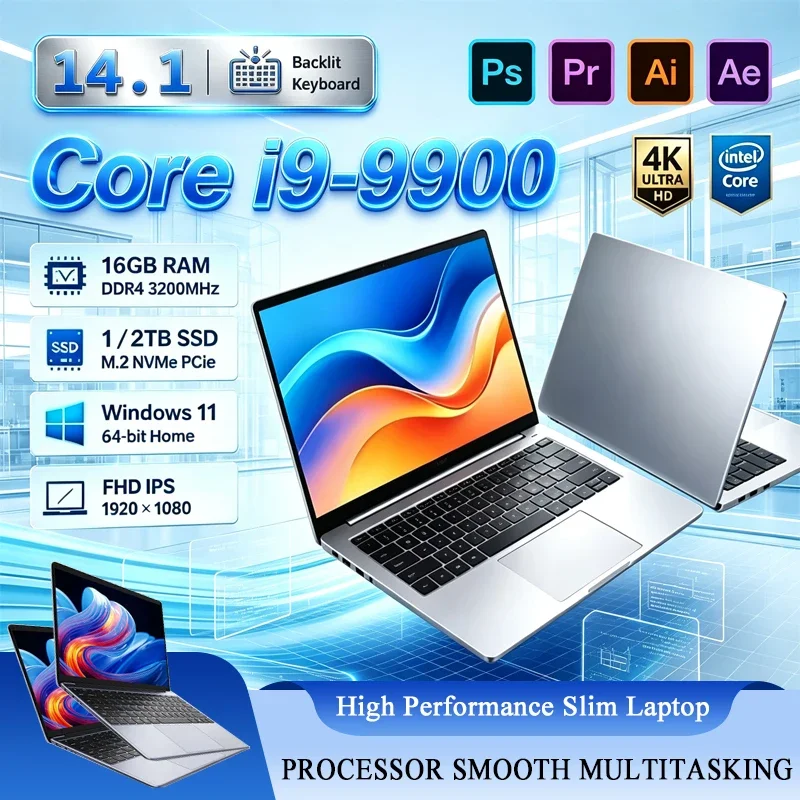 14.1 Inch Gaming Laptop Computer i9-9900 16GB RAM 1TB 2TB SSD PC Gamer Windows 11 Pro Laptops 1920*1080P Office Study PC