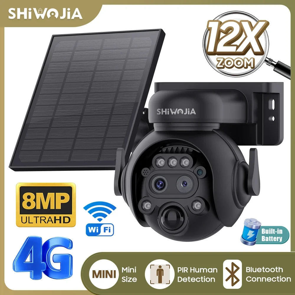 SHIWOJIA 12X Zoom 4G LTE słoneczna kamera bezpieczeństwa 8MP noktowizor podwójny obiektyw zewnętrzna WiFi kamera na baterie słoneczne wykrywanie człowieka PIR