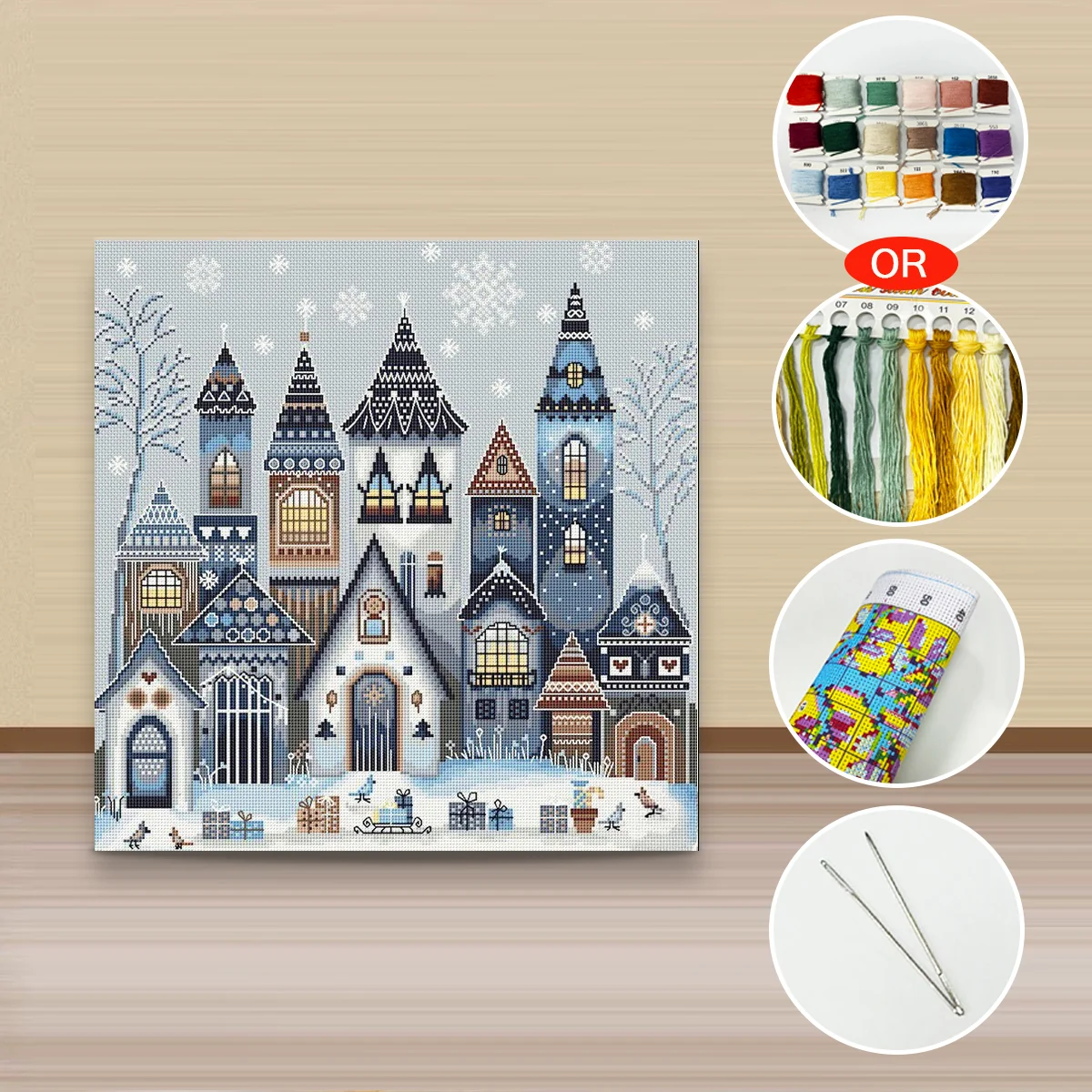 1 Stück 40x40 cm/15,74 Zoll, 11Ct/14Ct Kreuzstich-Set, DIY Valentinstagsgeschenk, Stickerei-Set für Festivals, Weihnachten, verschneite Stadt – Detail 2