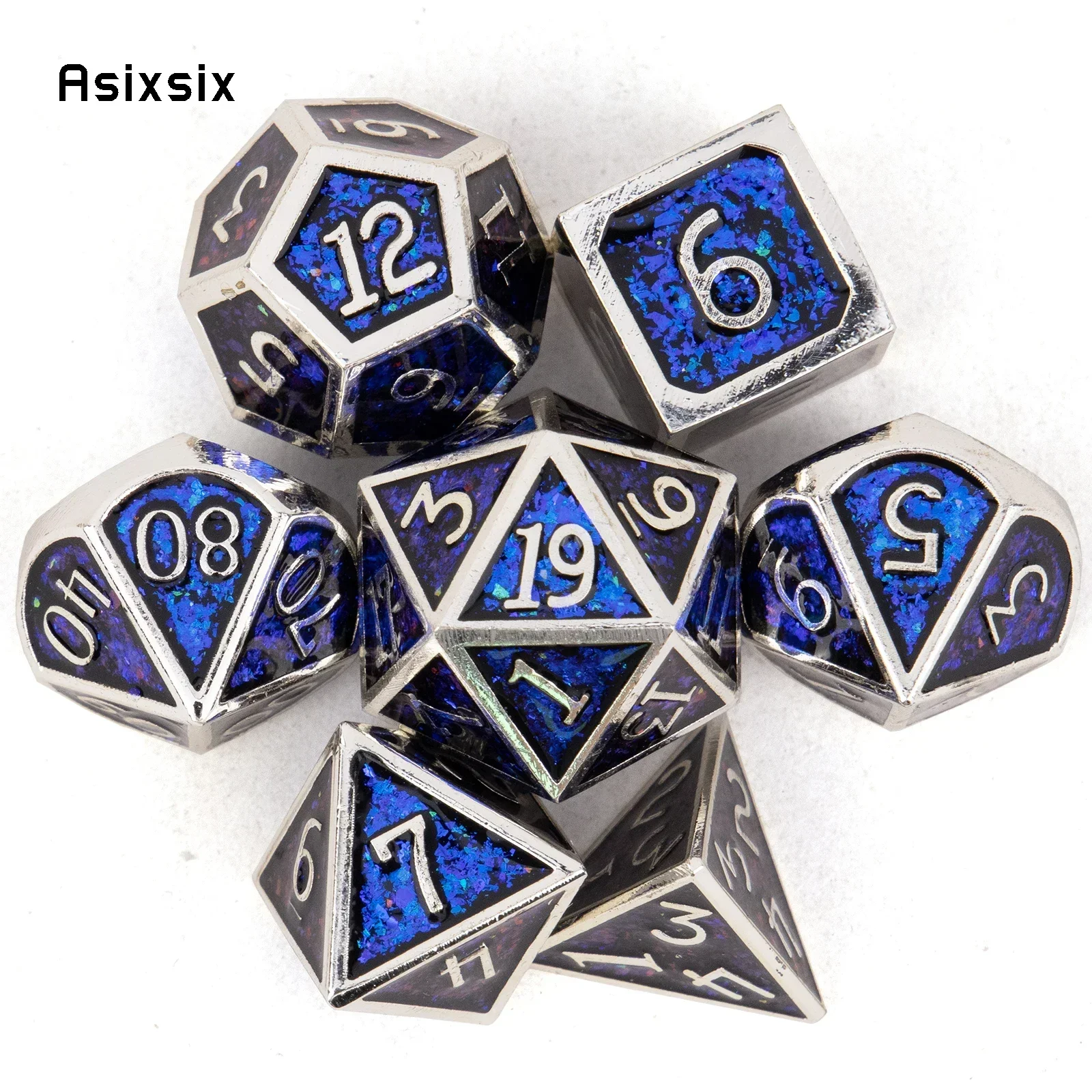 7 Pcs Silver Blue Standard Metal Dice Solid Metal Polyhedral Dice Set Suitable For Role-Playing Game