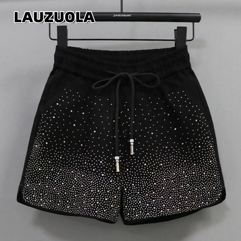 Women Rhinestone Shorts Elastic Waist Drawstring Hot Drill Sparkly Short Pants Casual Loose Black Shorts With Pockets