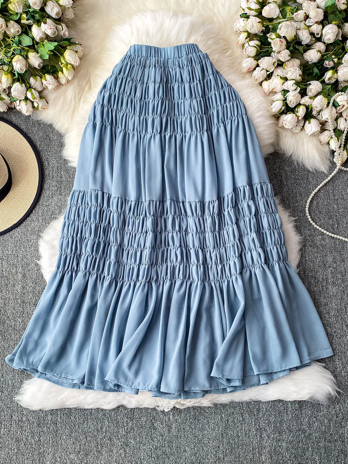 

White Elastic Waist Skirt Women's 2025 New Design Splice Chiffon Puffy Hem Cake Long Skirt Korean Sle High Waist Midi Skirt
