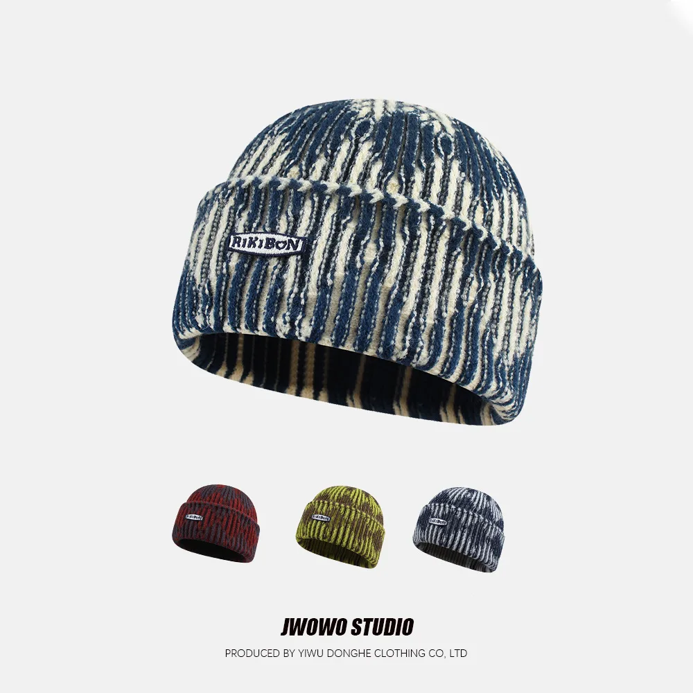 Fashion Tie-dyed Color-blocking Knitted Hat for Men Autumn Winter Warm Rolled-up Crochet Hat Ear-protecting Pullover Woolen Hat