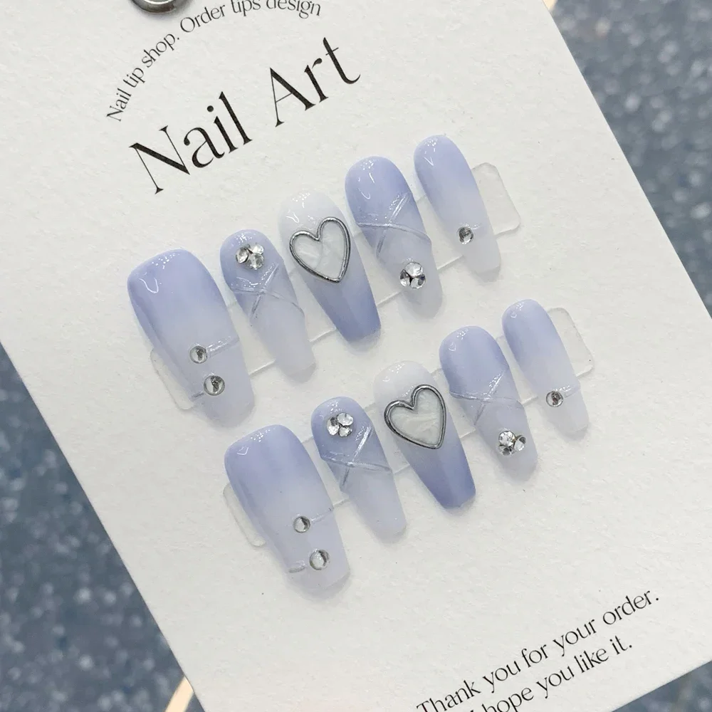 

Handmade Gentle Blue Press on Acrylic Nails with Rhinestone Korean Reusable Fake Nails Artifical Full Cover Nail Tips for Girls