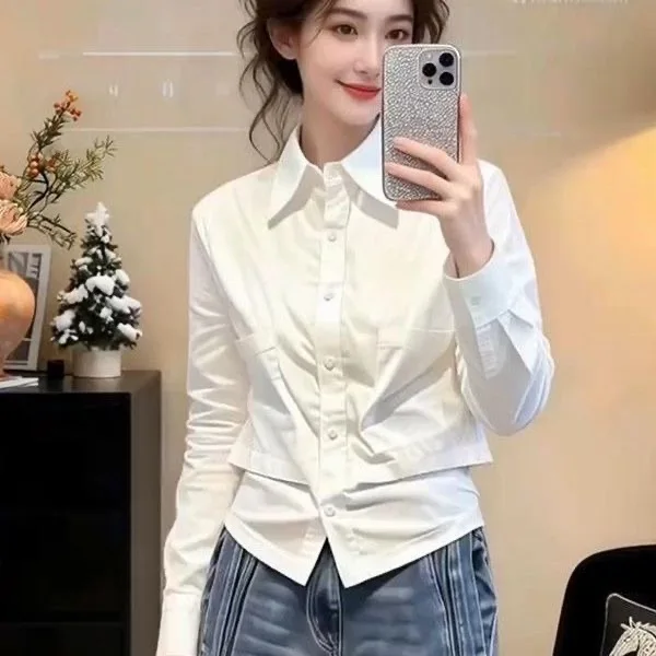 

Spring 2026 Women's Slim Fit Long Sleeve Shirt Pure Color Turn-down Collar Waist-cinching Single Button Elegant White Commute...