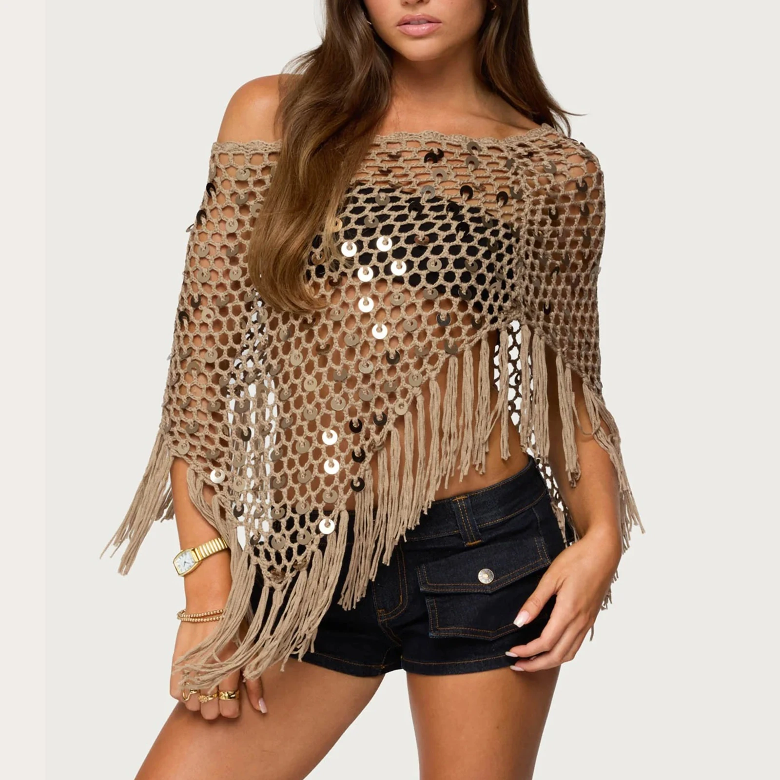 

Asymmetrical Sequin Crochet Cover Up for Women Hollowed Tassel Off Shoulder Knitted Poncho Trendy Coverup Tops